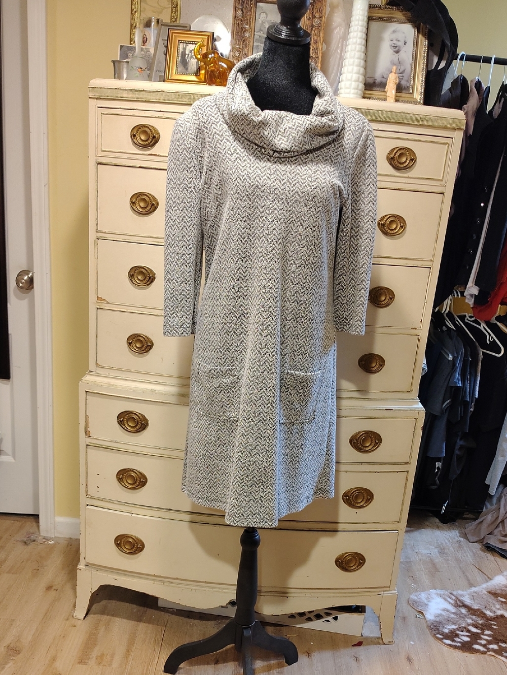 NorthStyle Heather Light Gray Chevron Cowl Neck Sweater Dress